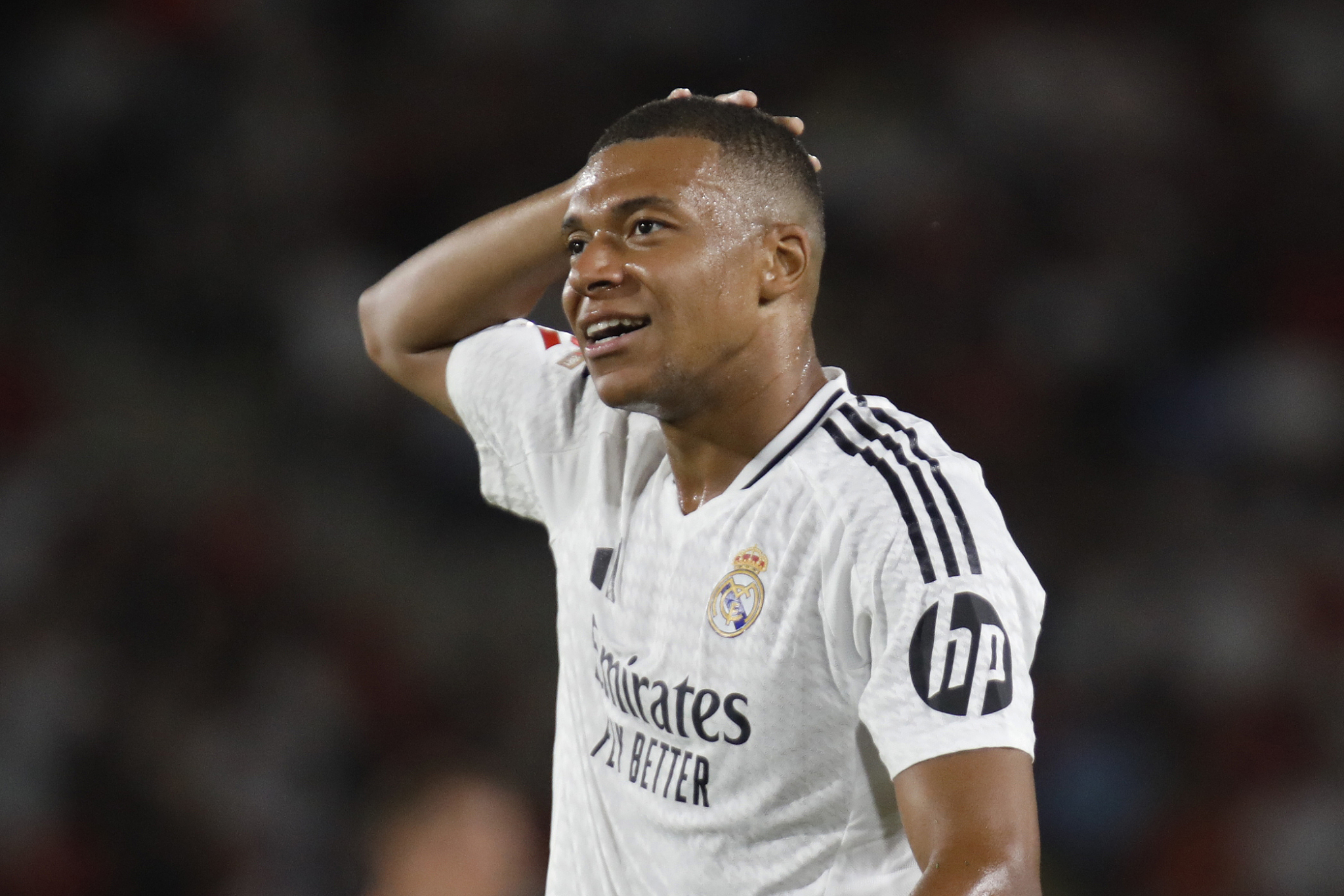 Kylian Mbappe of Real Madrid reacts during a La Liga match between Mallorca and Real Madrid at the Son Moix Stadium in Palma de Mallorca, Spain, August 18, 2024. /CFP