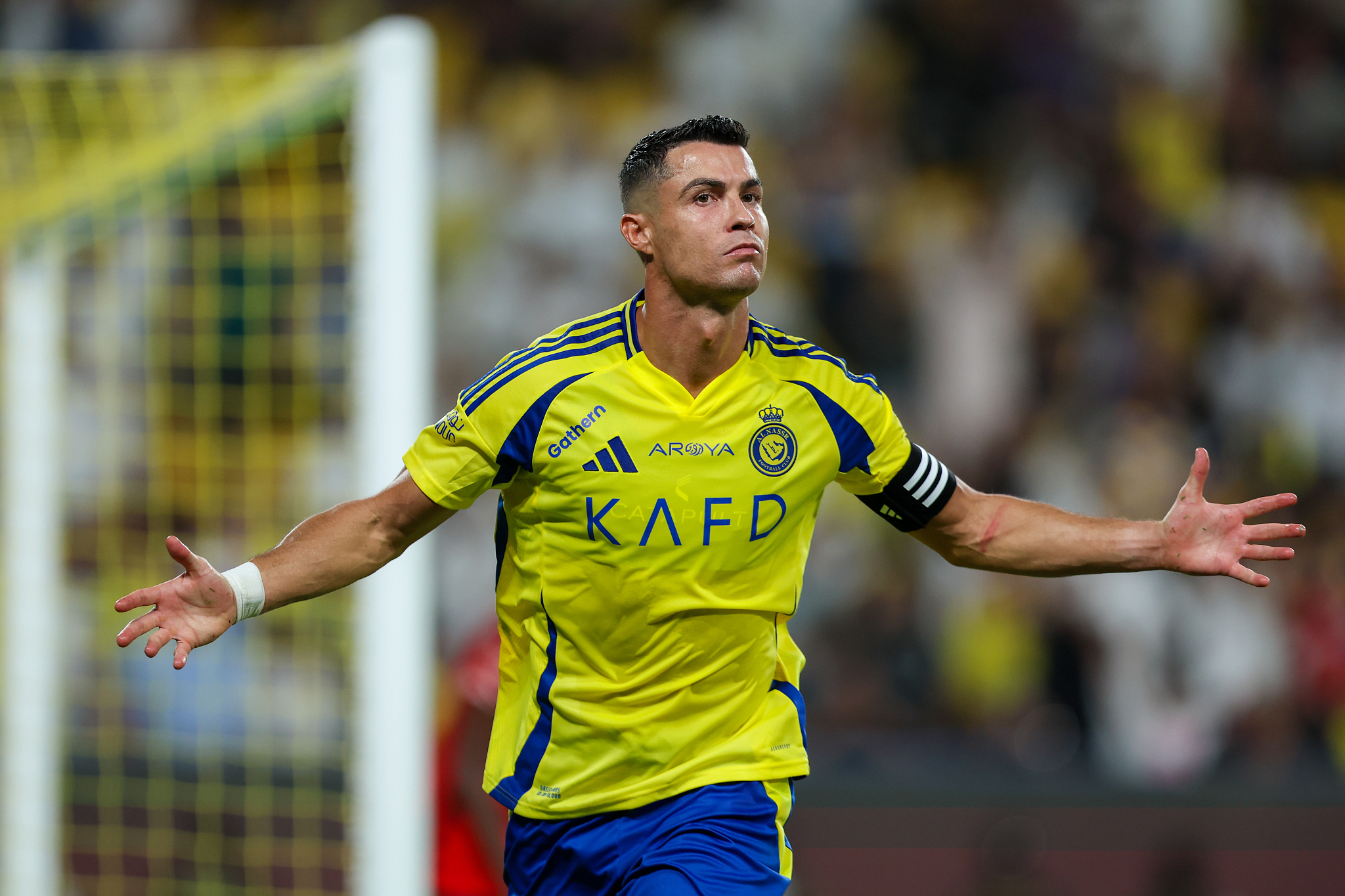 Cristiano Ronaldo of Al Nassr celebrates after scoring a goal in a Saudi Pro League match against Al Raed at Al Awwal Park Stadium in Riyadh, Saudi Arabia, August 22, 2024. /CFP