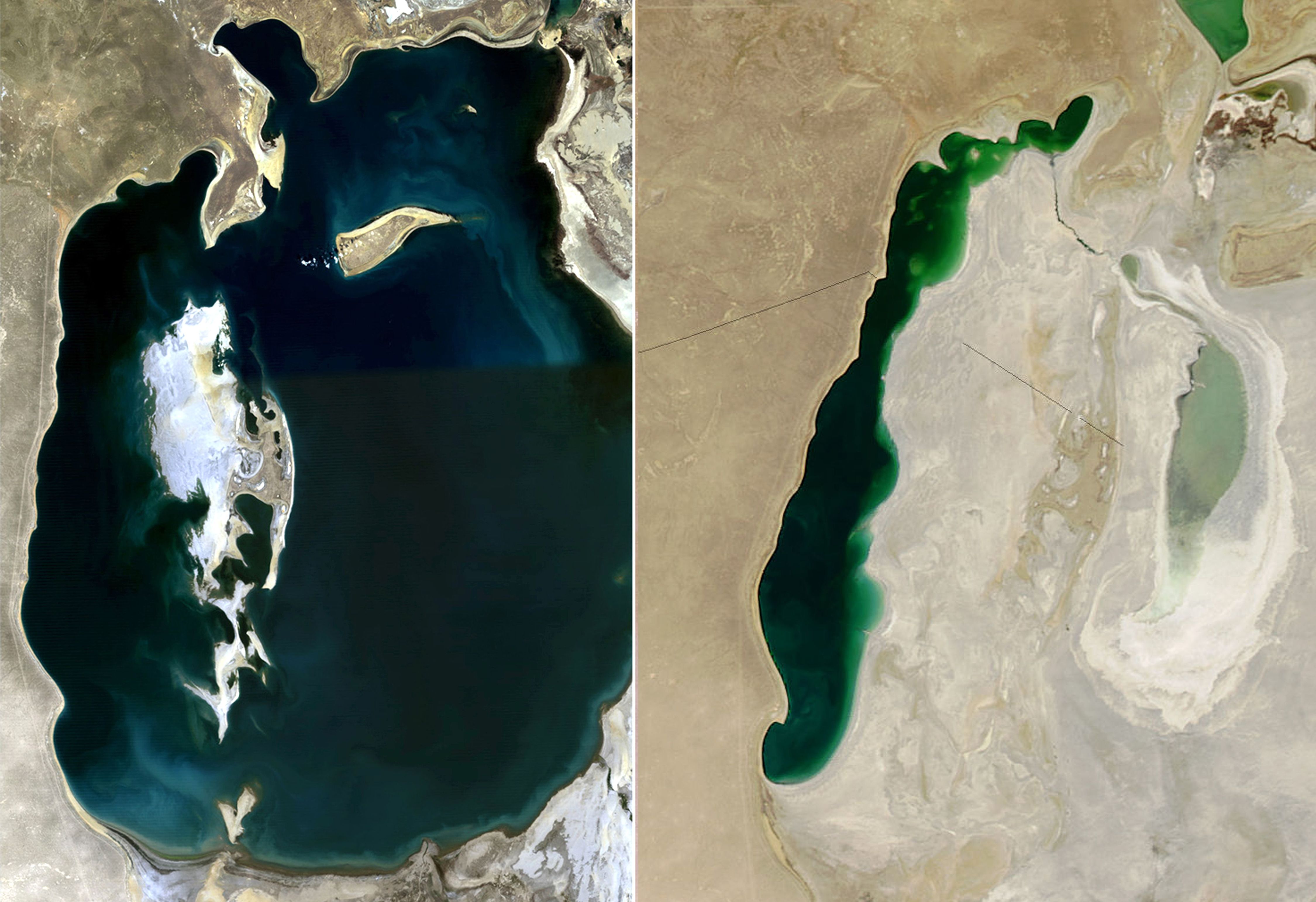 This combination of NASA satellite images shows the Aral Sea in 2008 (L) and as of September 22, 2013.  /CFP