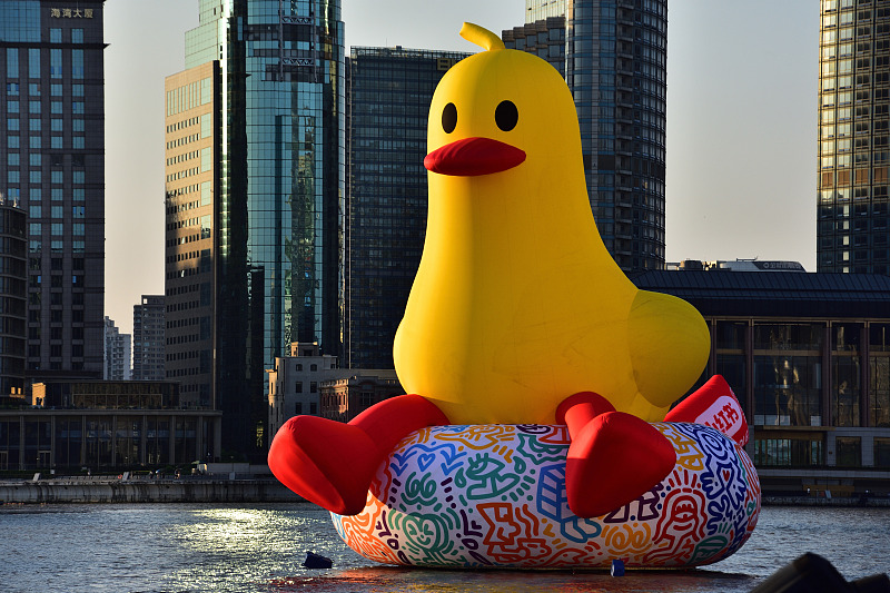 A giant inflatable rubber duck appears on the Huangpu River in Shanghai, August 24, 2024. /CFP