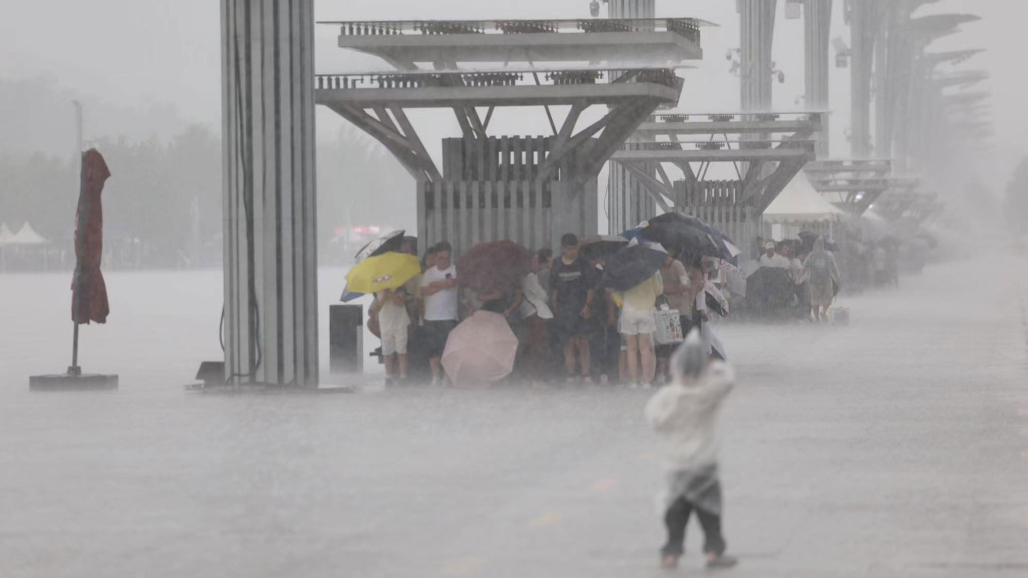 Tourists take cover from rain in Beijing, China, August 17, 2024. /CFP