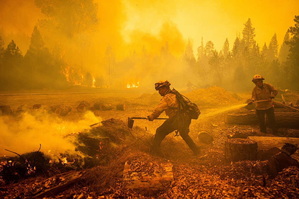 Firefighters extinguish flames on State Road 172 as the Park Fire burns in Mill Creek, California, U.S., August 7, 2024. /CFP