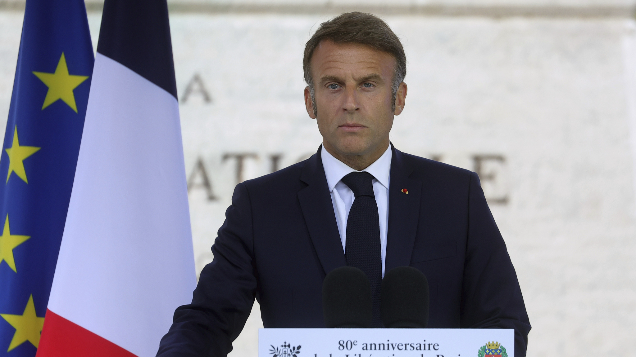 French President Emmanuel Macron delivers a speech during a ceremony commemorating the 80th anniversary of the Liberation of Paris next to the Denfert Rochereau Square in Paris, France, August 25, 2024. /CFP