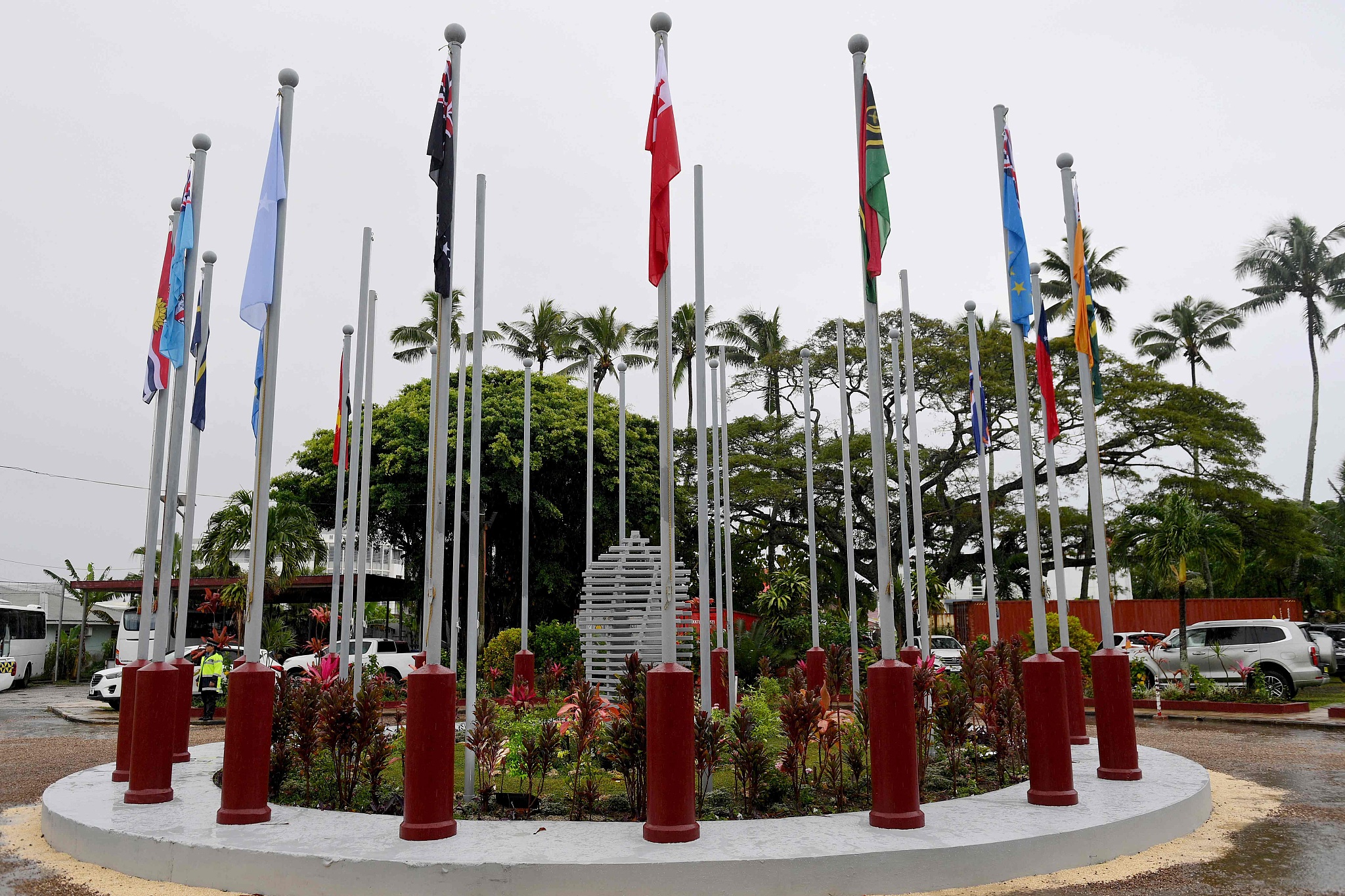 Flags of member nations of the Pacific Islands Forum (PIF) Leaders Meeting outside the convention center during the PIF in Nuku'alofa, Tonga, August 26, 2024. /CFP