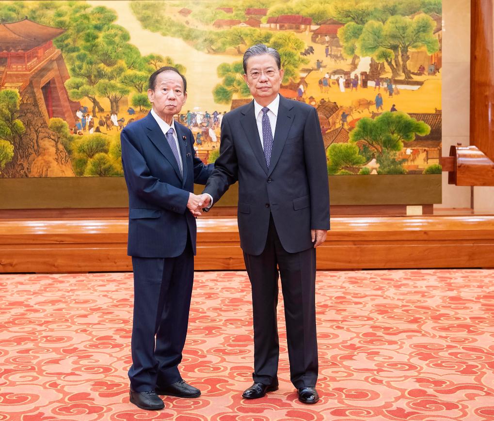 Zhao Leji (R), chairman of the National People's Congress Standing Committee, meets with Toshihiro Nikai, chairman of the Japan-China Friendship Parliamentarians' Union, in Beijing, capital of China, August 28, 2024. /Xinhua