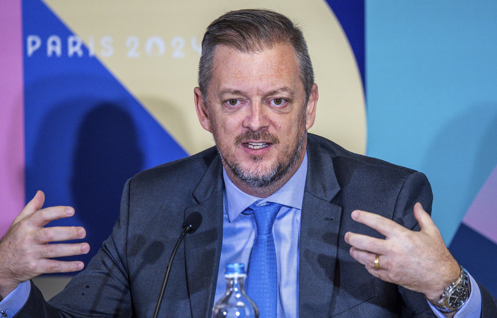 Andrew Parsons, President of the International Paralympic Committee, speaks at a press conference ahead of the Opening Ceremony of the 2024 Summer Paralympics in Paris, France, August 27, 2024. /CFP