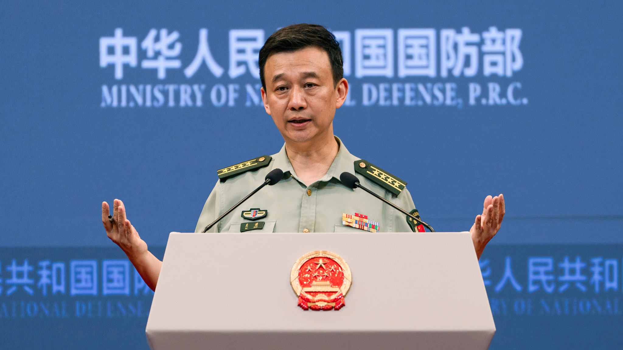 Chinese Defense Ministry spokesperson Wu Qian speaks during a press conference in Beijing, May 30, 2024. /CFP