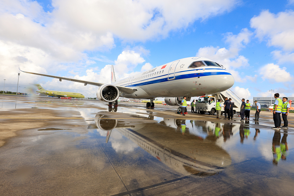 A C919, China's first home-made large passenger jet, after landing in Beijing, August 29, 2024. /CFP