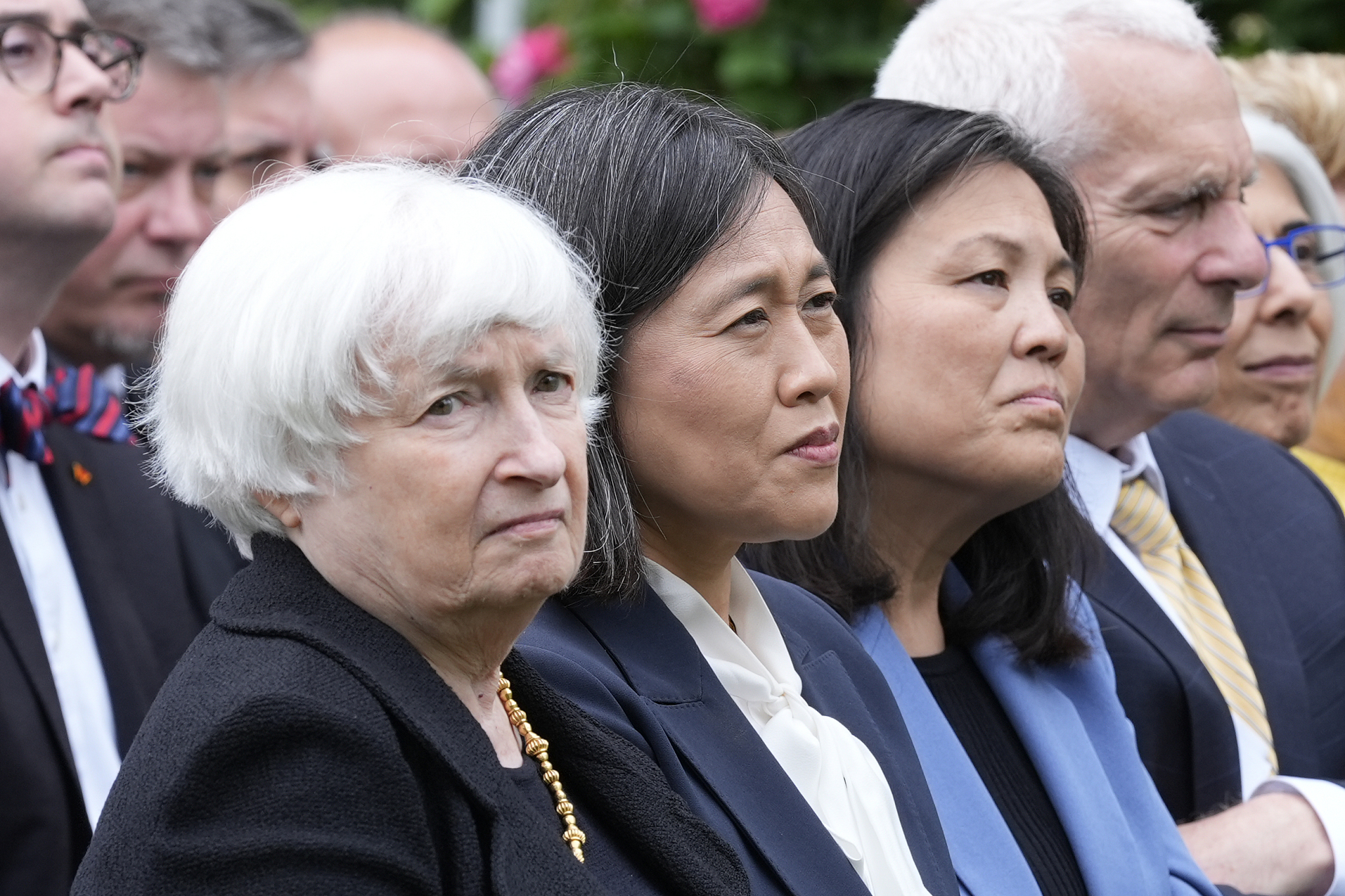 U.S. Treasury Secretary Janet Yellen, left, U.S. Trade Representative Katherine Tai, second from left, and U.S. Acting Labor Secretary Julie Su, third from left, listen as U.S. President Joe Biden speaks in the Rose Garden of the White House in Washington, Tuesday, May 14, 2024, announcing plans to impose major new tariffs on electric vehicles, semiconductors, solar equipment and medical supplies imported from China. / CFP