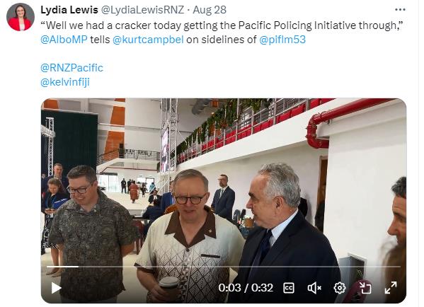 Screenshot of Radio New Zealand journalist Lydia Lewis's X post on the conversation between Australian Prime Minister Anthony Albanese and U.S. Deputy Secretary of State Kurt Campbell, August 28, 2024.