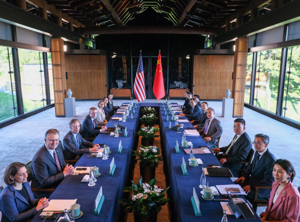 Wang Yi, a member of the Political Bureau of the Communist Party of China Central Committee and director of the Office of the Central Commission for Foreign Affairs, holds a new round of China-U.S. strategic communication with U.S. National Security Advisor Jake Sullivan in Beijing, China, August 27, 2024. /Xinhua