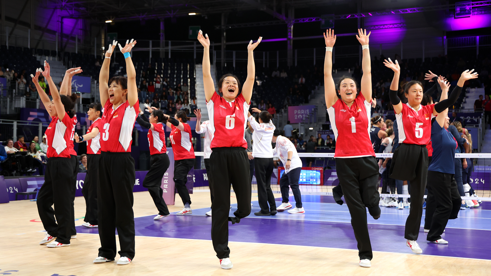 Players of Team People's Republic of China celebrate after winning the Women's Preliminary Round - Pool A match against Team United States at the Paris 2024 Summer Paralympic Games in Paris, France, August 30, 2024. /CFP