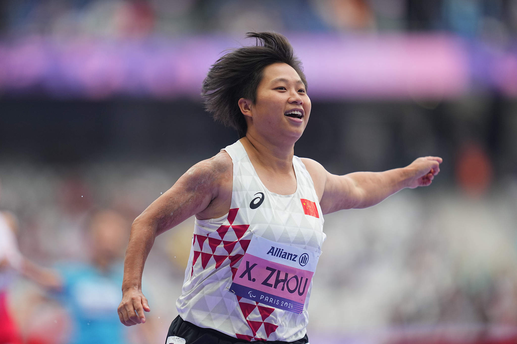 Zhou Xia of China competes in the women's 100-meter T35 final at the 2024 Summer Paralympic Games in Paris, France, August 30, 2024. /CFP