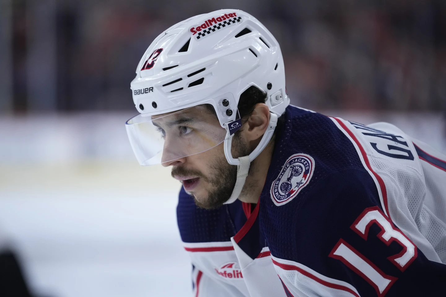 Johnny Gaudreau of the Colombus Blue Jackets looks on in the game against the Philadelphia Flyers at the Wells Fargo Center in Philadelphia, Pennsylvania, January 4,  2024. /AP