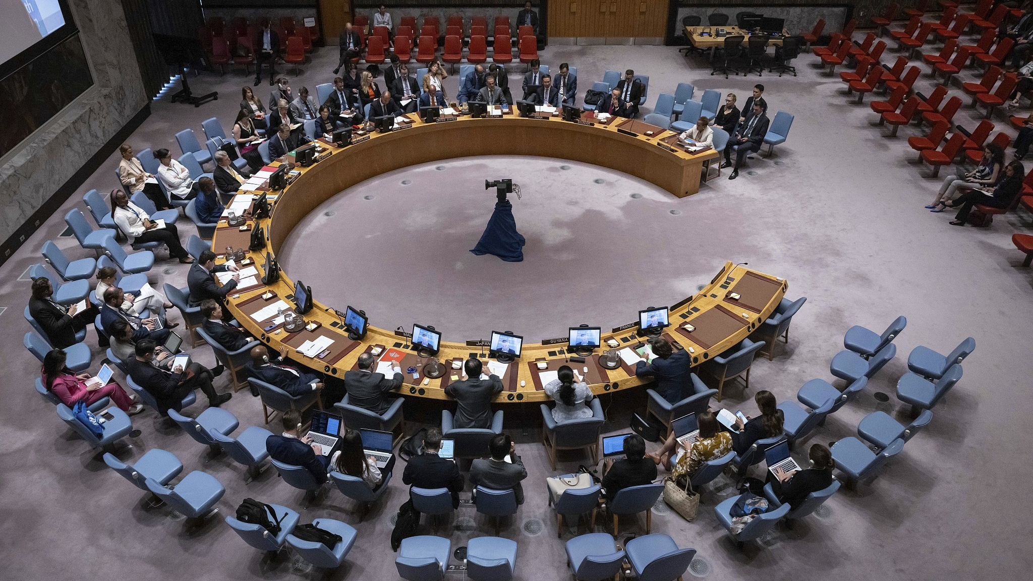 A general view shows a UN Security Council meeting at the United Nations headquarters, August 29, 2024. UN humanitarian officials warn Security Council of 