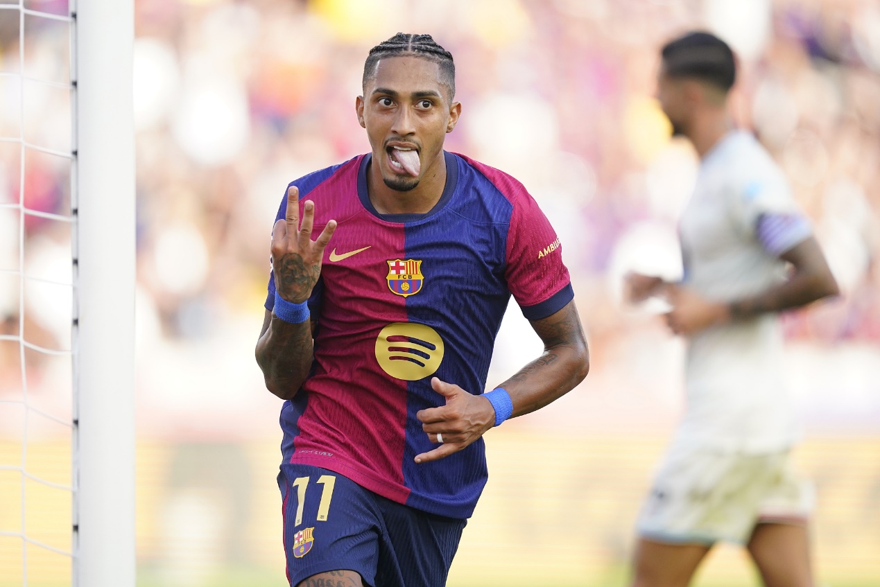 Barcelona's Raphinha celebrates his hat-trick against Real Valladolid at Lluis Companys Stadium in Barcelona, Spain, August 31, 2024. /CFP