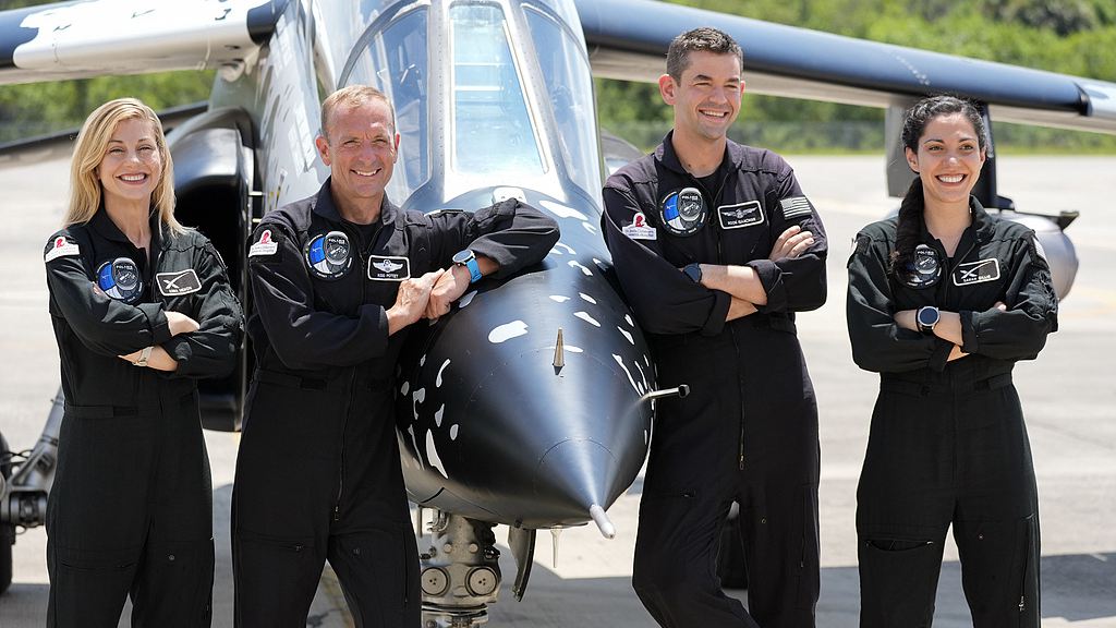 The four-member SpaceX Polaris Dawn mission crew from left: mission specialist Anna Menon, pilot Scott Poteet, commander Jared Isaacman and mission specialist Sarah Gillis at the Kennedy Space Center, Florida, U.S., August 19, 2024. /CFP 