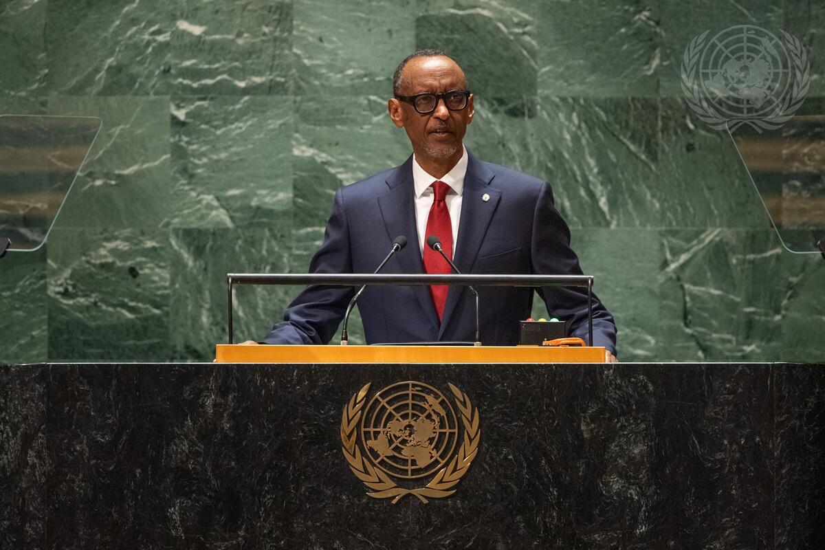 Paul Kagame, President of the Republic of Rwanda, addresses the general debate of the General Assembly's seventy-eighth session. /UN