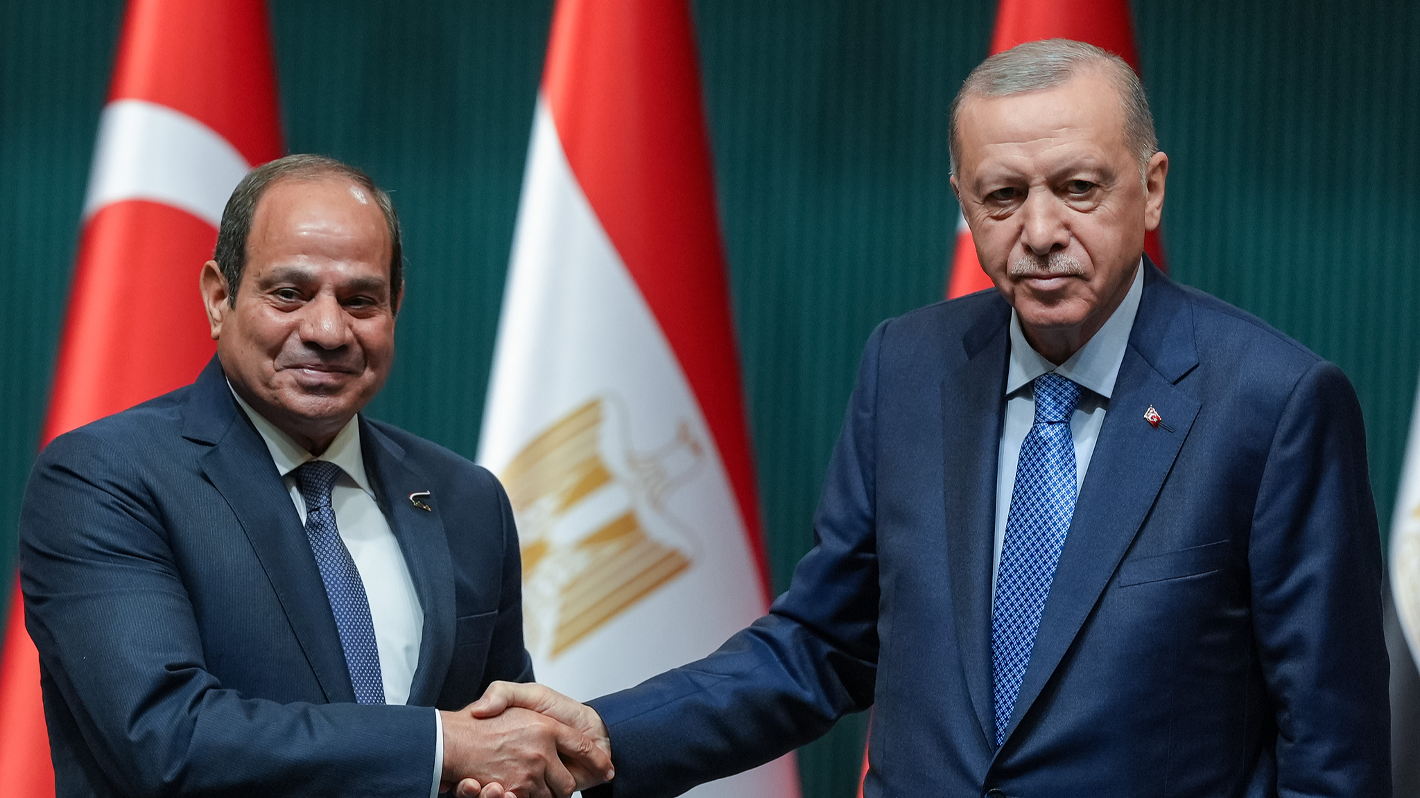 Turkish President Recep Tayyip Erdogan (R) and Egyptian President Abdel Fattah al-Sisi hold a joint press conference after the signing ceremony of 17 agreements between Türkiye and Egypt after the High-Level Strategic Cooperation Council Meeting at the Presidential Complex in Ankara, Türkiye, September 4, 2024. /CFP