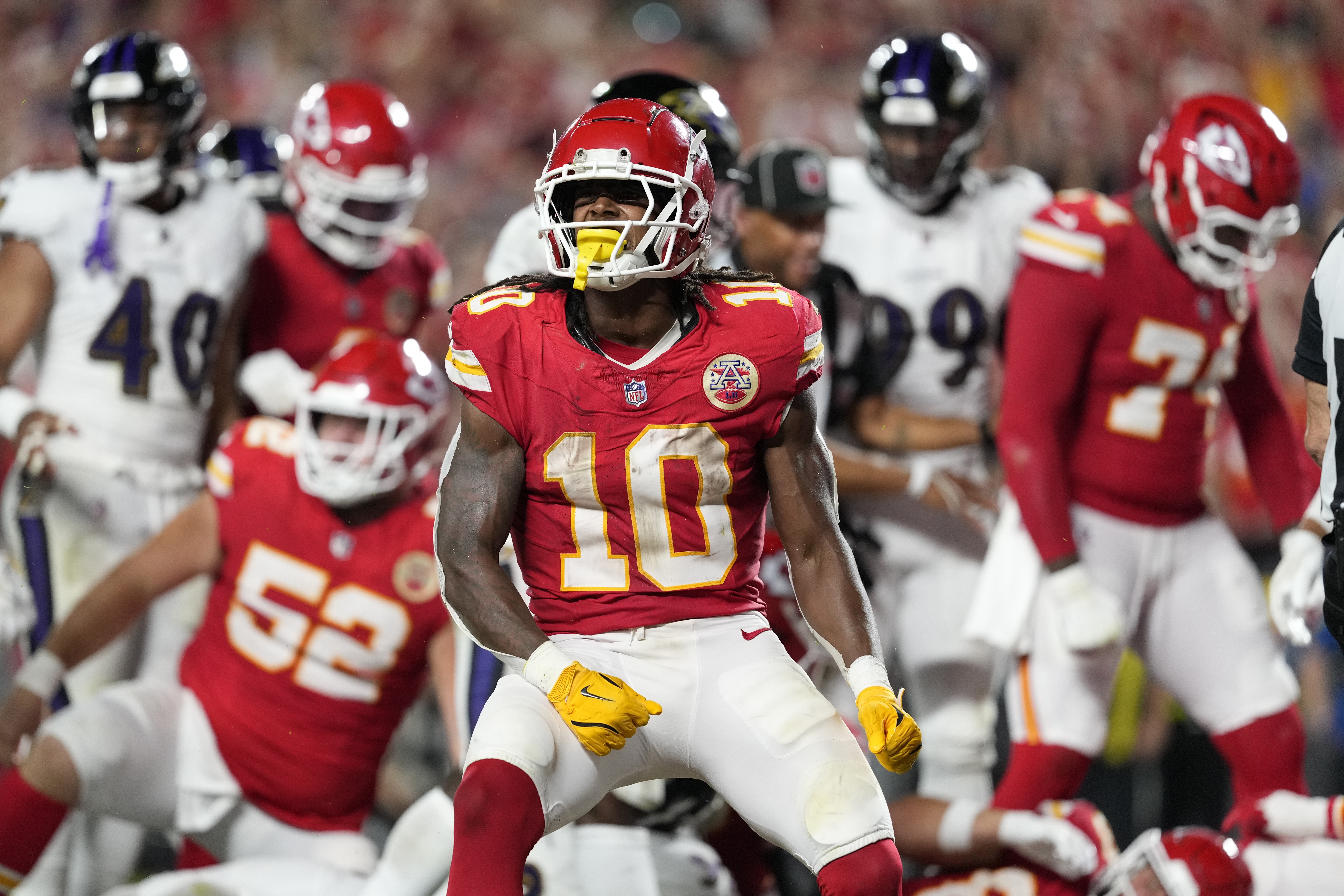 Running back Isiah Pacheco (#10) of the Kansas City Chiefs celebrates after scoring a touchdown in the game against the Baltimore Ravens at Arrowhead Stadium in Kansas City, Missouri, September 5, 2024. /AP