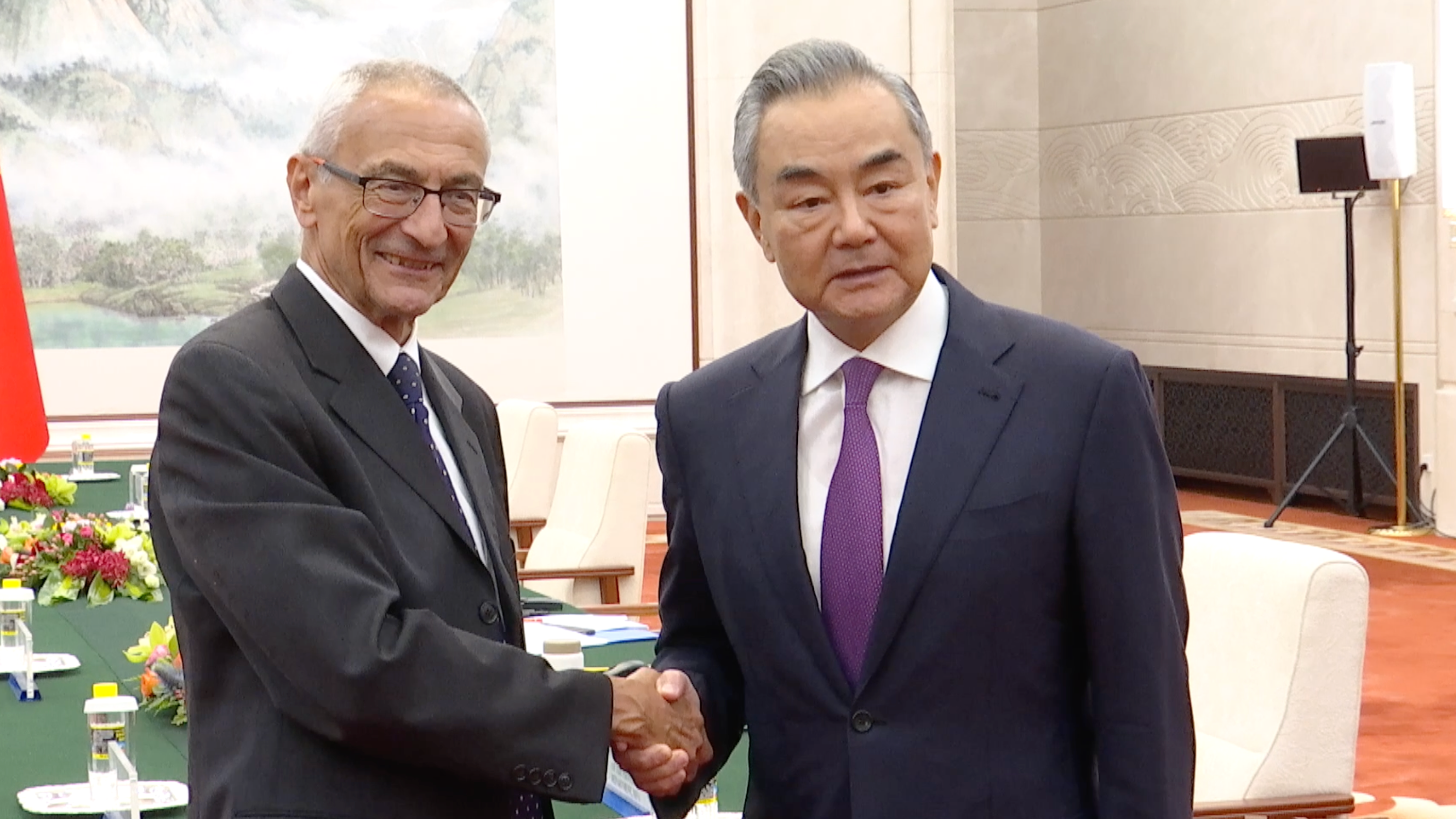 Chinese Foreign Minister Wang Yi (R), also a member of the Political Bureau of the Communist Party of China Central Committee, meets with U.S. Senior Advisor to the President for International Climate Policy John Podesta in Beijing, capital of China, September 6, 2024. /CGTN