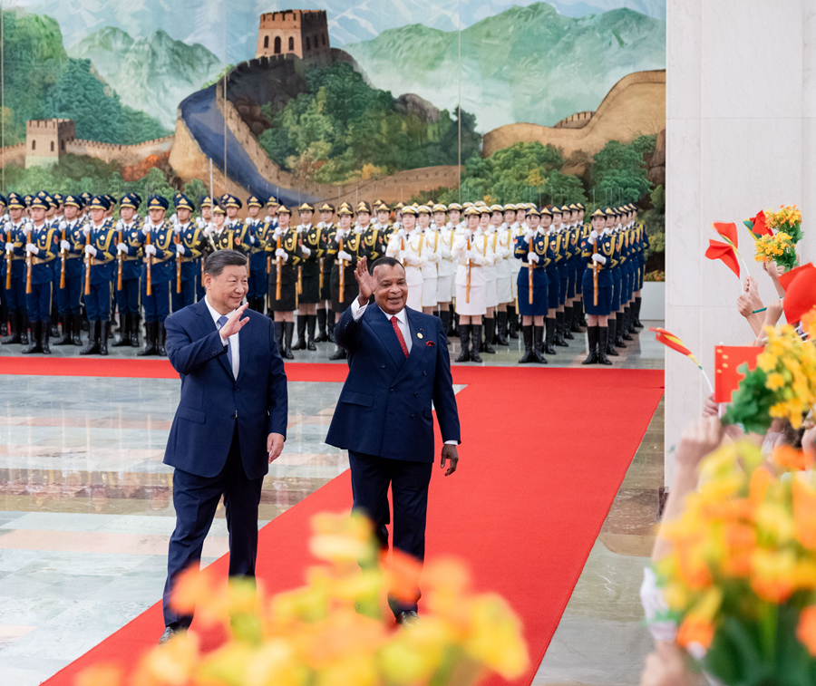 Chinese President Xi Jinping holds a welcoming ceremony for President of the Republic of the Congo Denis Sassou Nguesso, in the Northern Hall of the Great Hall of the People, prior to their talks in Beijing, capital of China, September 6, 2024. /Xinhua