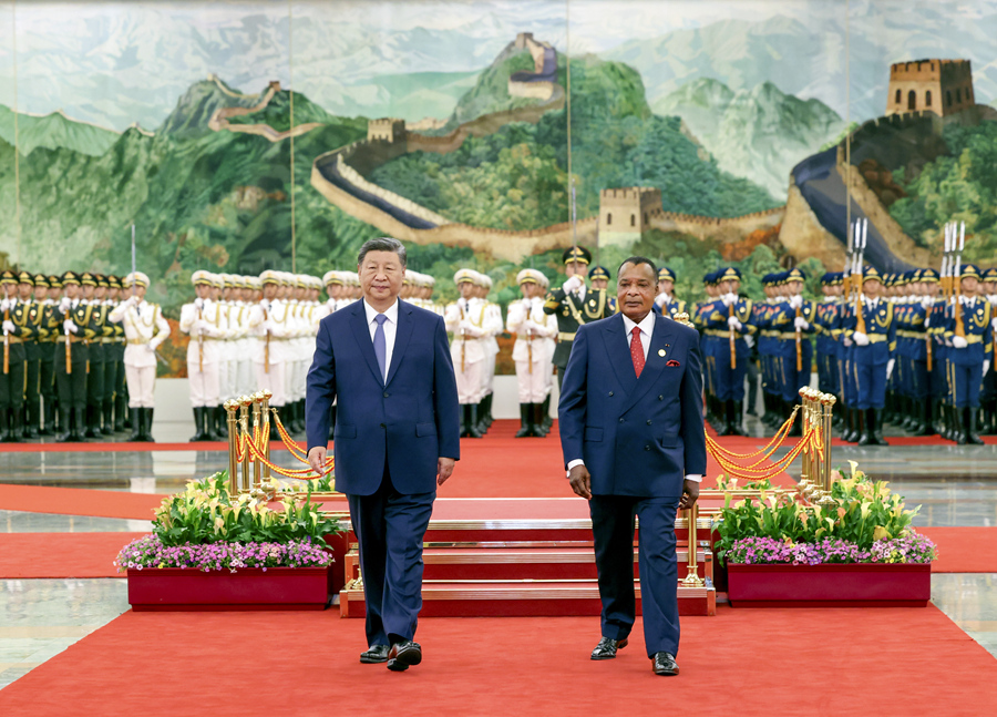 Chinese President Xi Jinping holds a welcoming ceremony for President of the Republic of the Congo Denis Sassou Nguesso, in the Northern Hall of the Great Hall of the People, prior to their talks in Beijing, capital of China, September 6, 2024. /Xinhua