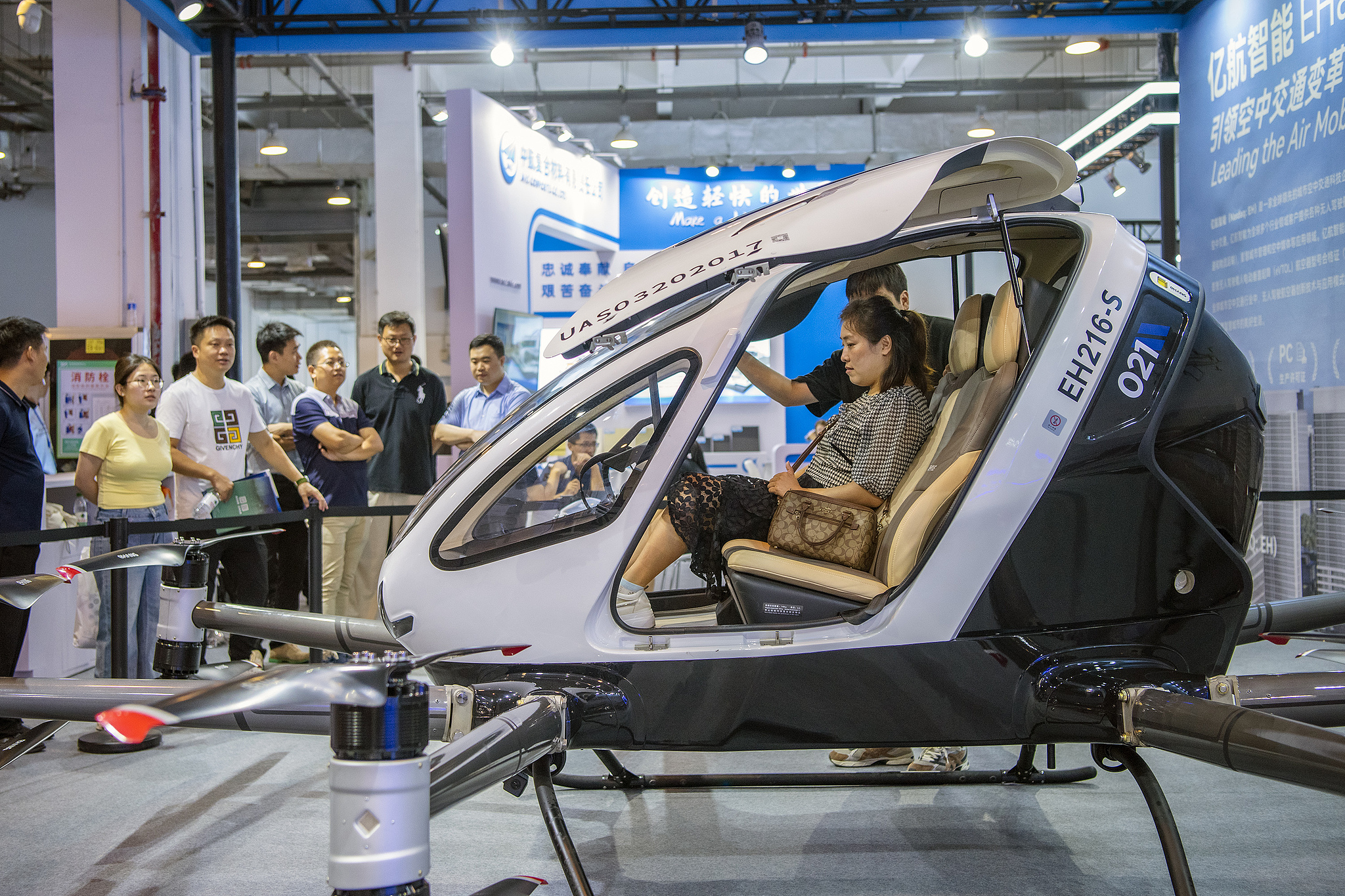 A visitor sits inside and experiences the passenger-carrying autonomous aerial vehicle in Wuhu, Anhui Province, China, September 7, 2024. /CFP