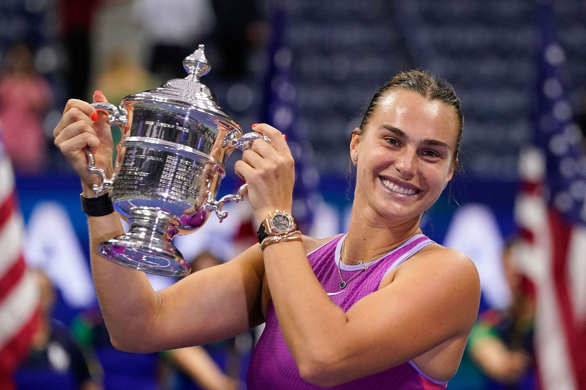 Aryna Sabalenka of Belarus celebrates winning the women's singles title at the U.S. Open at the USTA Billie Jean King National Tennis Center in Queens, New York, September 7, 2024. /CFP