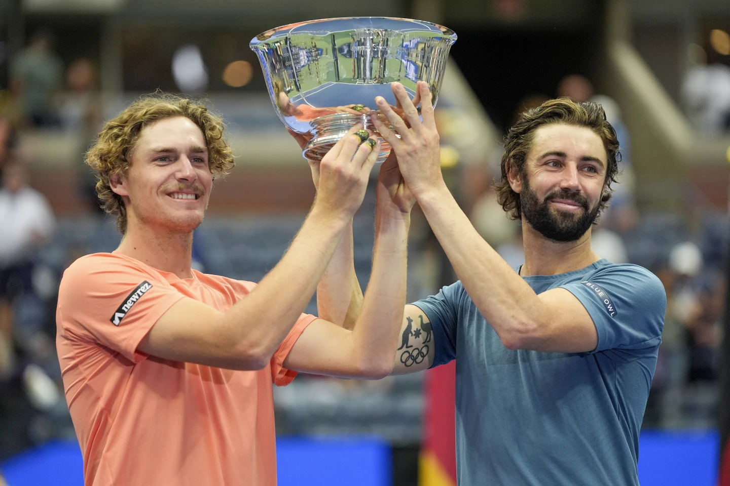 Max Purcell (L) and Jordan Thompson of Australia celebrate winning the men's doubles title at the USTA Billie Jean King National Tennis Center in Queens, New York, September 7, 2024. /AP