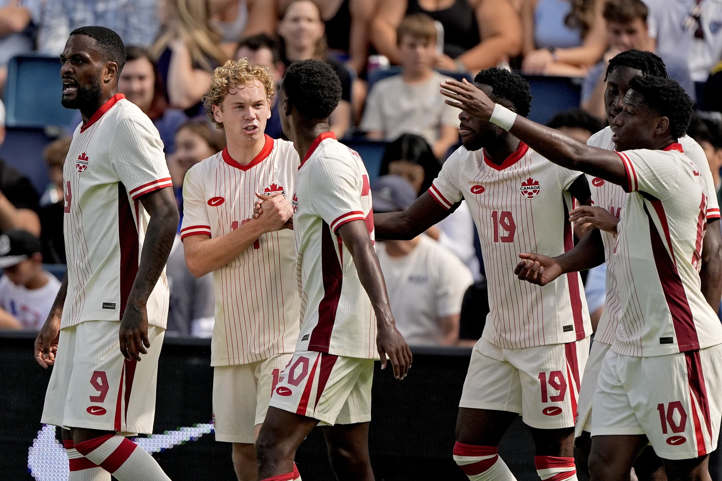 Players of Canada celebrate after scoring a goal in the friendly against USA in Kansas City, Missouri, September 7, 2024. /AP