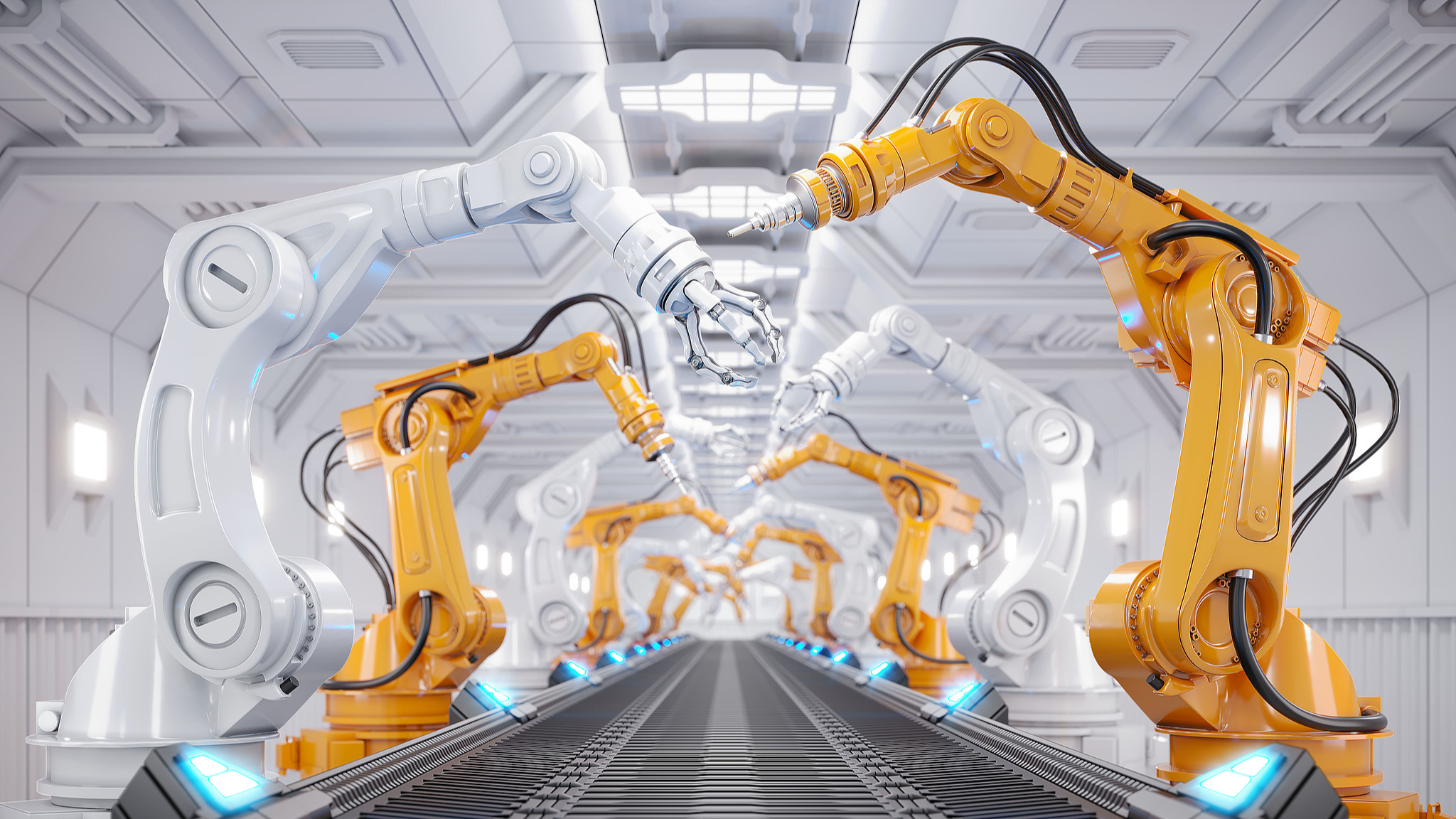 An illustration of robotic arms in an AI-driven assembly manufacturing production line. /CFP