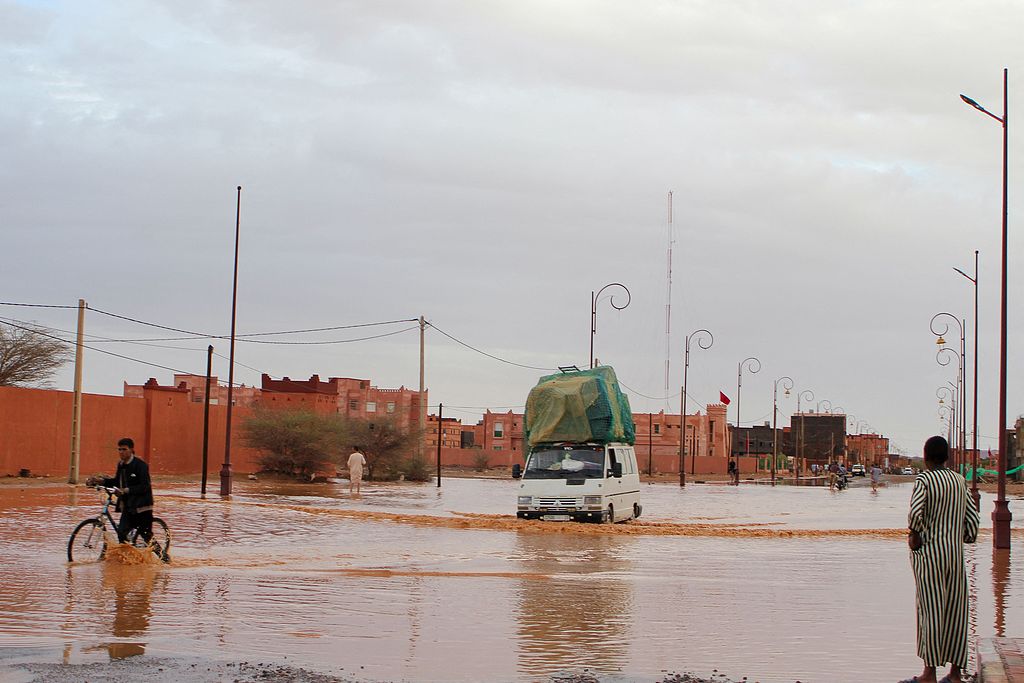 A car drives through a flooded street in Zagora Town, Morocco, September 7, 2024. /CFP