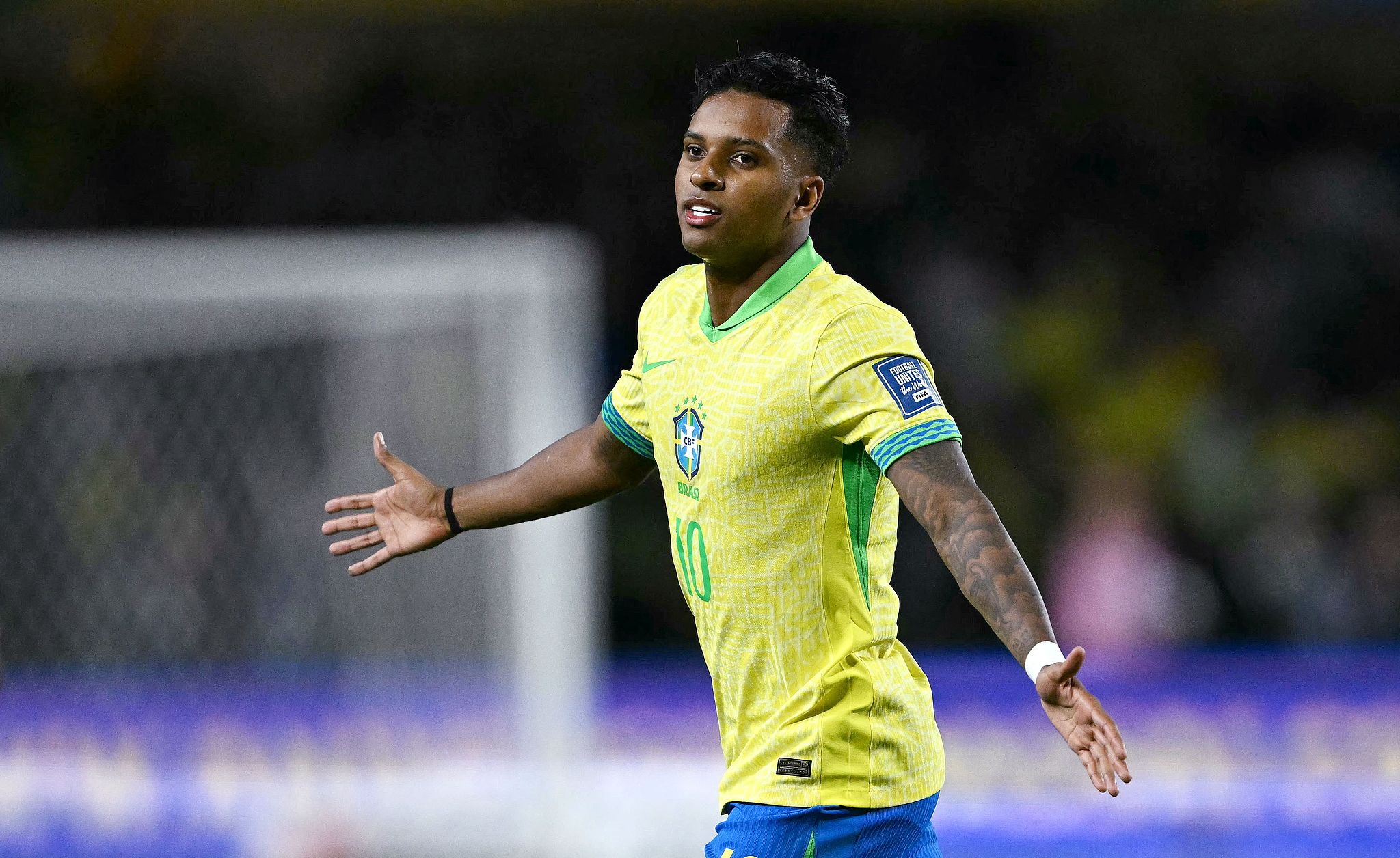 Rodrygo of Brazil celebrates after scoring a goal in the 2026 FIFA World Cup South American Football Confederation qualifier game against Ecuador at the Major Antonio Couto Pereirain in Curitiba, Brazil, September 6, 2024. /CFP