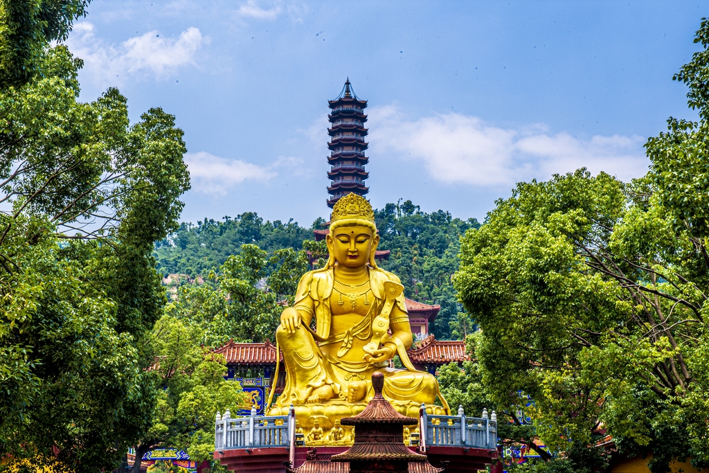 A golden statue is seen with a pagoda in the distance at Sheng'an Temple in Yueyang, Hunan Province on June 6, 2024. /IC