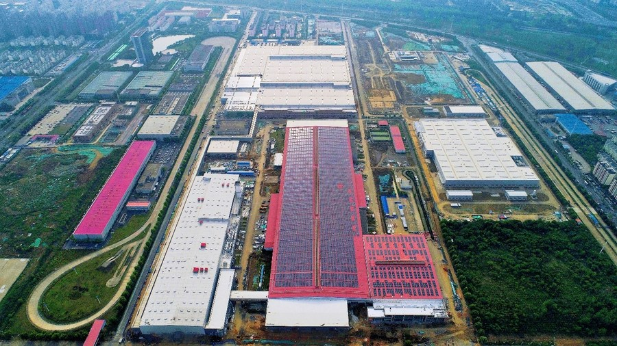 This undated aerial photo provided by Volkswagen Group China shows the modular electric drive matrix (MEB) plant of Volkswagen (Anhui) Components Co., Ltd. in Hefei, capital of east China's Anhui Province. /Xinhua