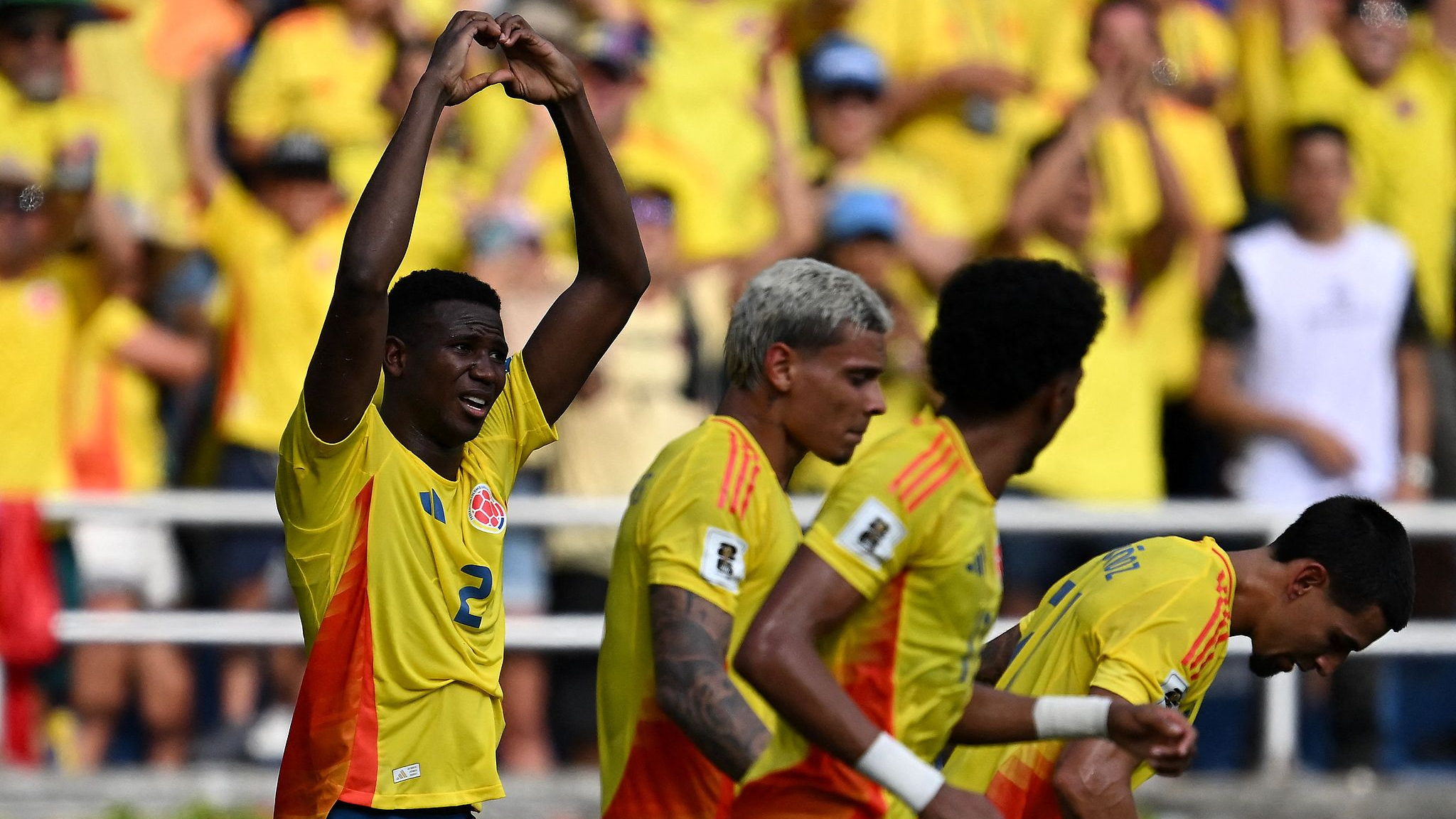 Colombian players celebrate their first goal in the World Cup qualifying match against Argentina in Barranquilla, Colombia, September 10, 2024. /CFP