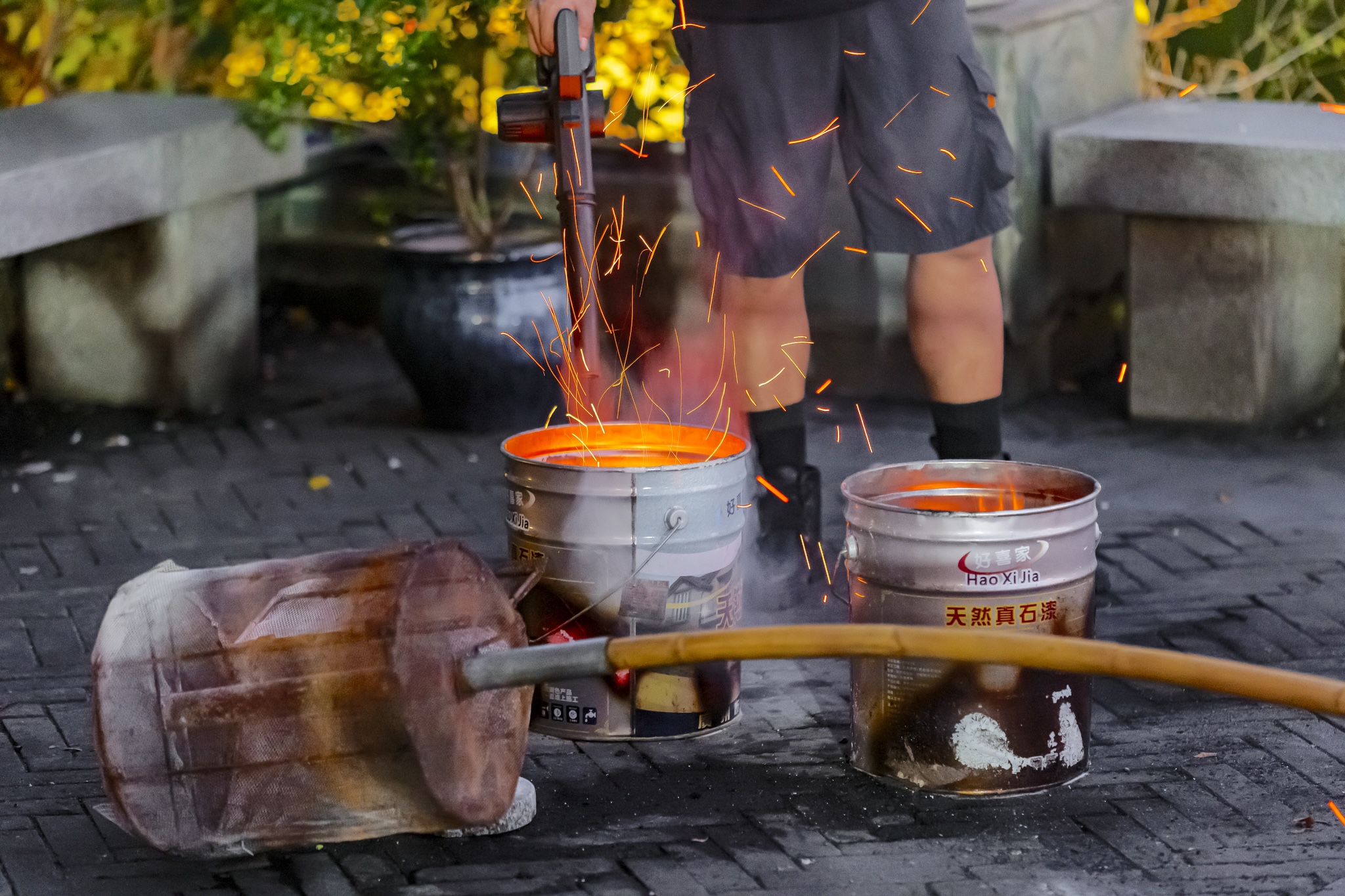 Tools used in fire pot performances are pictured in Guangzhou, south China's Guangdong Province in August of 2024. /CFP