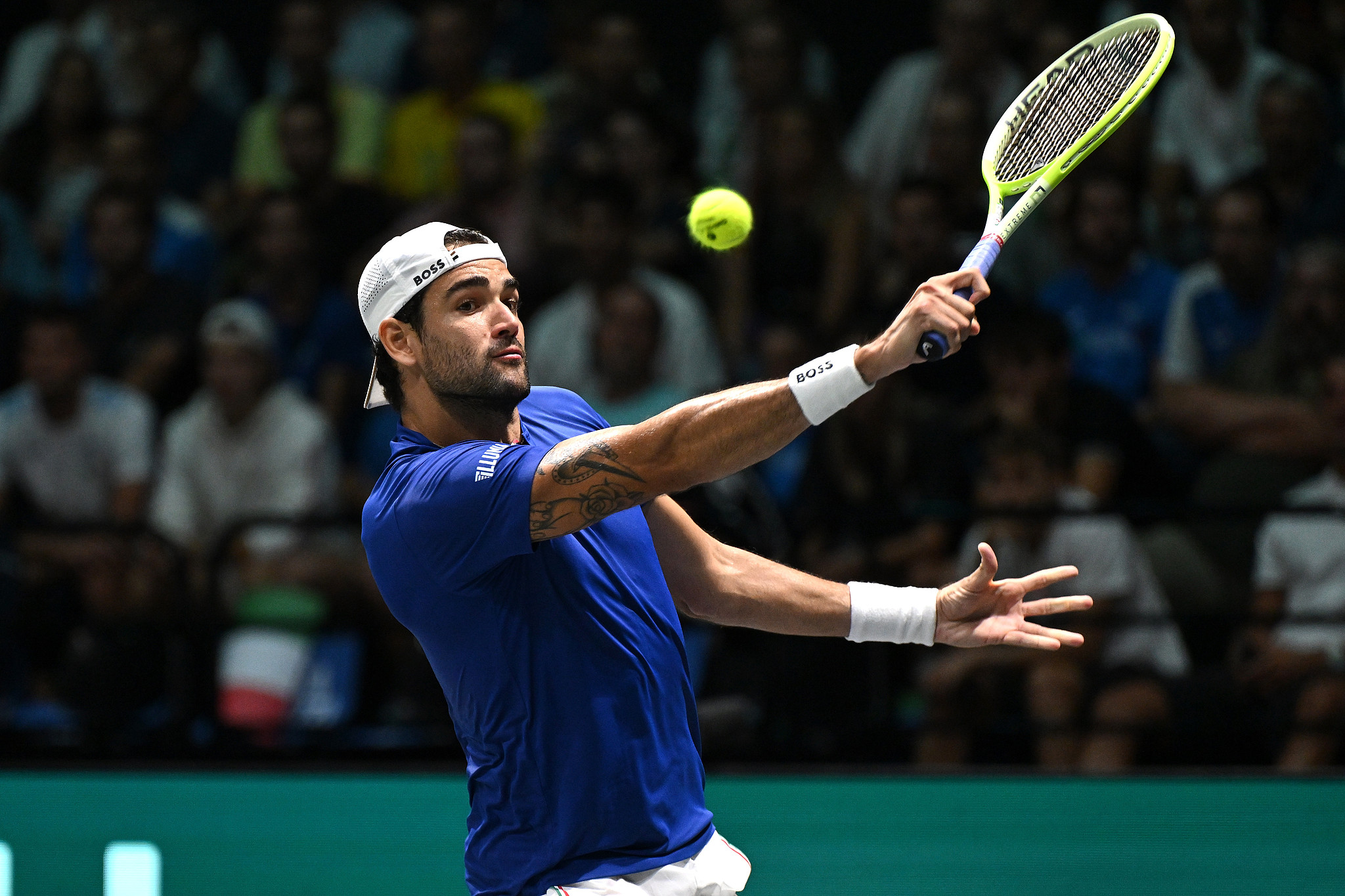 Matteo Berrettini of Italy competes against Joao Fonseca of Brazil in the Davis Cup Finals group match in Bologna, Italy, September 11, 2024. /CFP