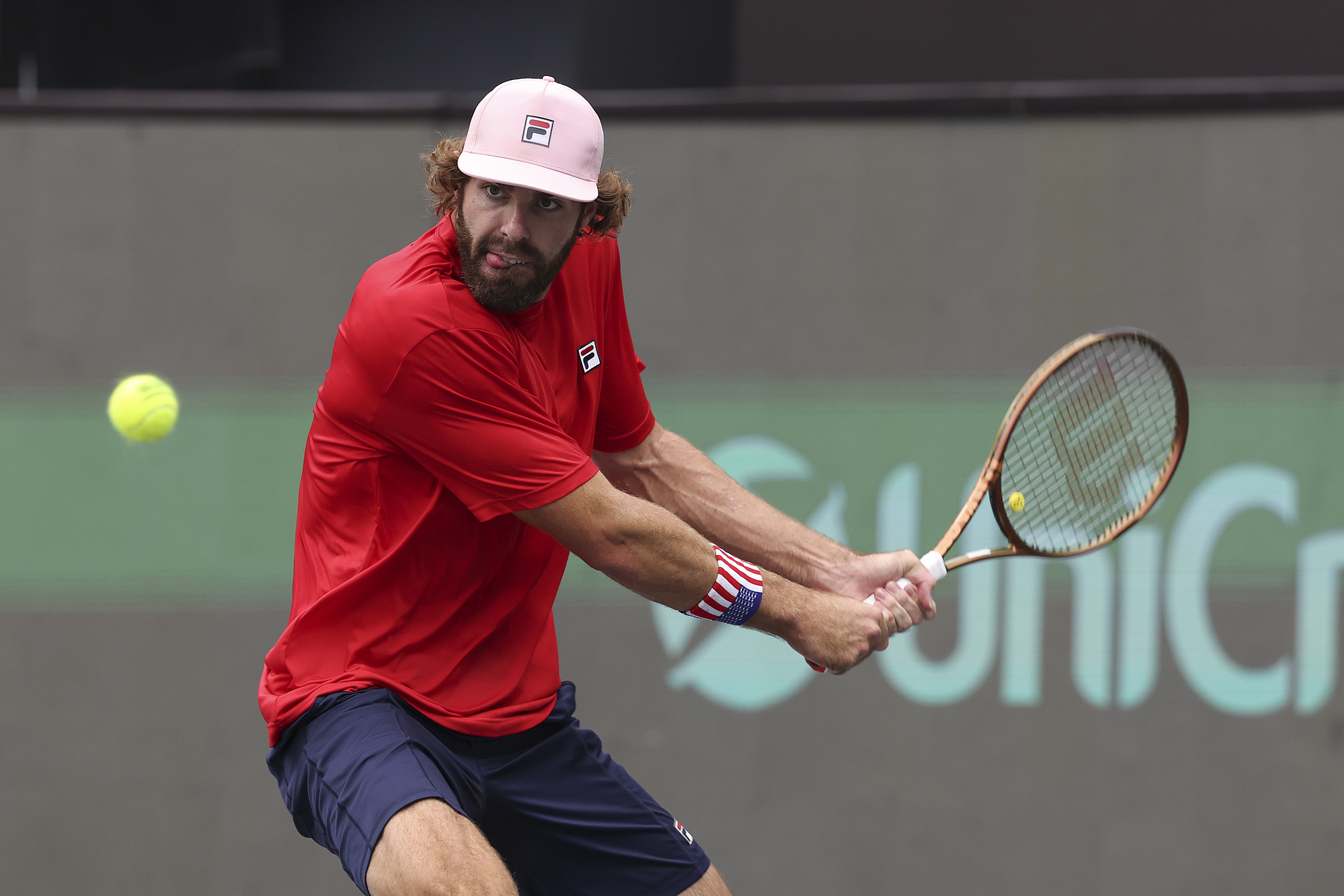 Reilly Opelka of USA competes against Cristian Garin of Chile in the Davis Cup Finals group match in Zhuhai, south China's Guangdong Province, September 11, 2024. /CFP