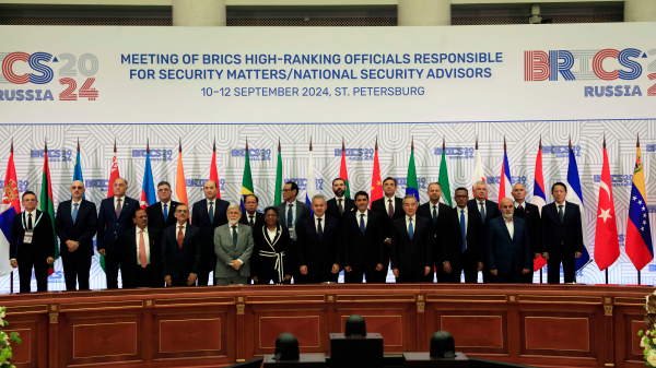 Wang Yi, a member of the Political Bureau of the CPC Central Committee and director of the Office of the Central Commission for Foreign Affairs, attends a dialogue session between high-ranking officials responsible for security matters and national security advisors from BRICS and Global South countries in St. Petersburg, Russia, September 11, 2024. /Chinese Foreign Ministry