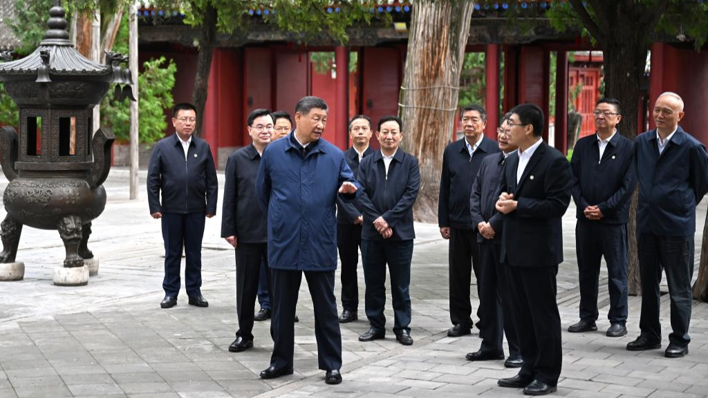 Chinese President Xi Jinping, also general secretary of the Communist Party of China Central Committee and chairman of the Central Military Commission, visits the Fuxi Temple to learn about the protection and preservation of local cultural heritage in Tianshui, northwest China's Gansu Province, September 10, 2024. /Xinhua