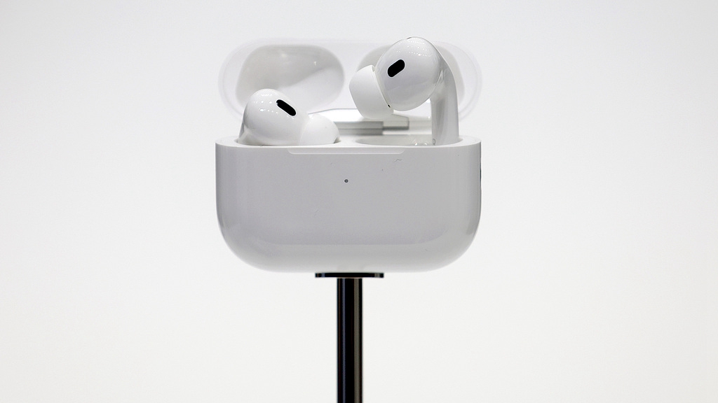 The new Apple AirPods displayed during an Apple special event at the company's headquarters in Cupertino, California, the U.S., September 9, 2024.