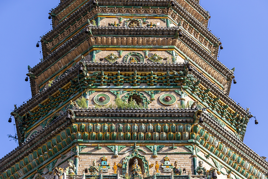 Guangsheng Temple's Feihong Pagoda is seen up close in Linfen, Shanxi Province on September 12, 2024. /CFP