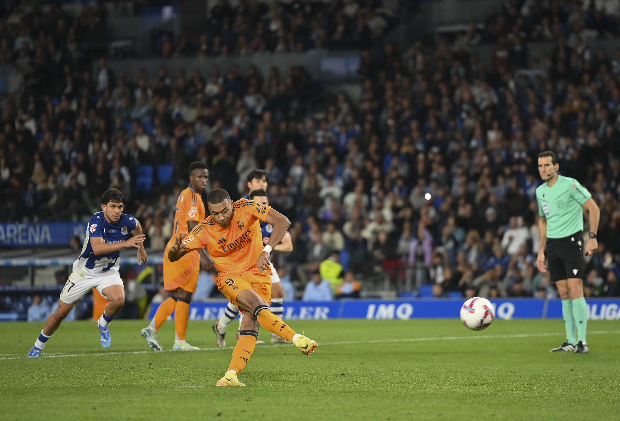 Kylian Mbappe (#9) of Real Madrid converts a penalty kick against Real Sociedad in a Spanish La Liga game at the Reale Arena in San Sebastian, Spain, September 14, 2024. /CFP