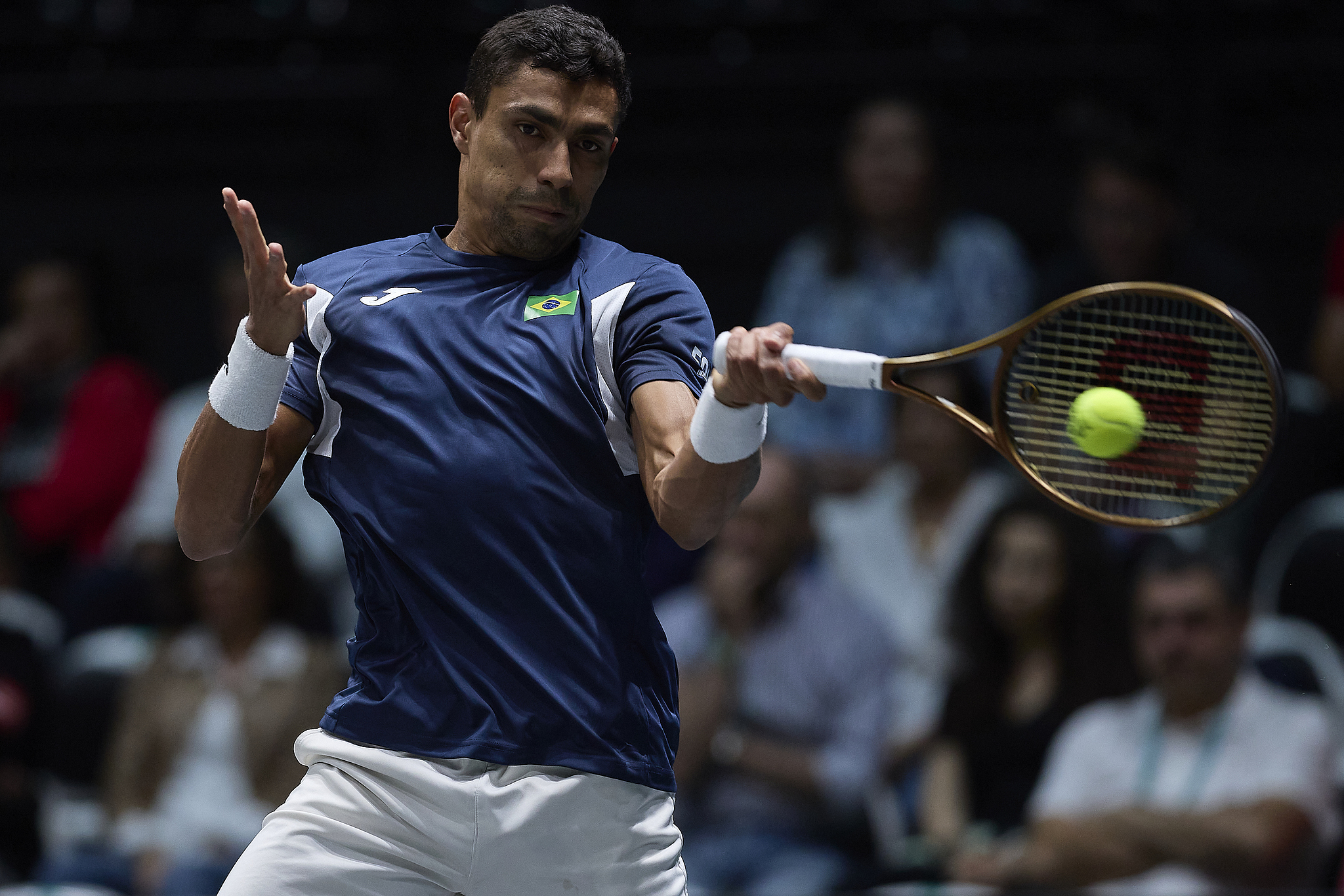 Thiago Monteiro of Brazil competes against Zizou Bergs of Belgium in a Davis Cup Finals Group A match in Bologna, Italy, September 14, 2024. /CFP