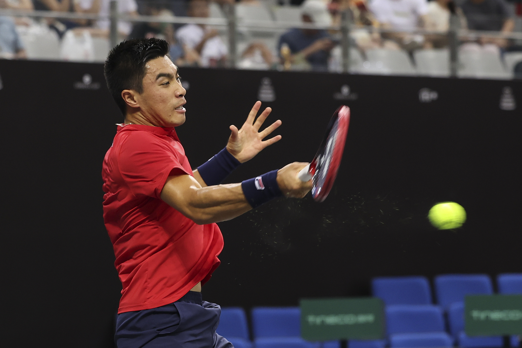 Brandon Nakashima of the USA competes against Maximilian Marterer of Germany in a Davis Cup Finals Group C match in Zhuhai, south China's Guangdong Province, September 14, 2024. /CFP