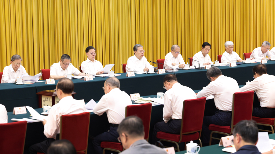 Zhao Leji, a member of the Standing Committee of the Political Bureau of the Communist Party of China Central Committee and chairman of the Standing Committee of the National People's Congress, speaks at a symposium in Beijing, China, September 14, 2024. /Xinhua