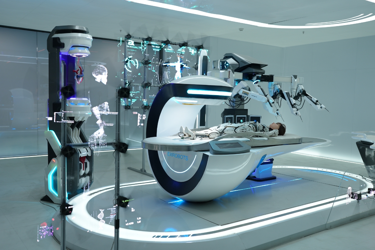 A room displays medical surgery robots. /CGTN