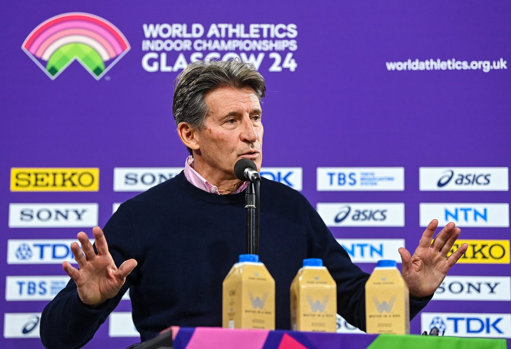 Sebastian Coe speaks during a press conference ahead of the World Indoor Athletics Championships at Emirates Arena in Glasgow, Scotland, February 29, 2024. /CFP 